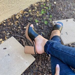 Black faux leather women sandals.